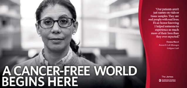 Black-and-white portrait of a woman with glasses; bold text 'A CANCER-FREE WORLD BEGINS HERE' and a red curved panel with a quote on the right. | Jerad Schutt | Nashville Marketing Consultant | Fractional CMO | Jerad Schutt | Nashville Marketing Consultant | Fractional CMO