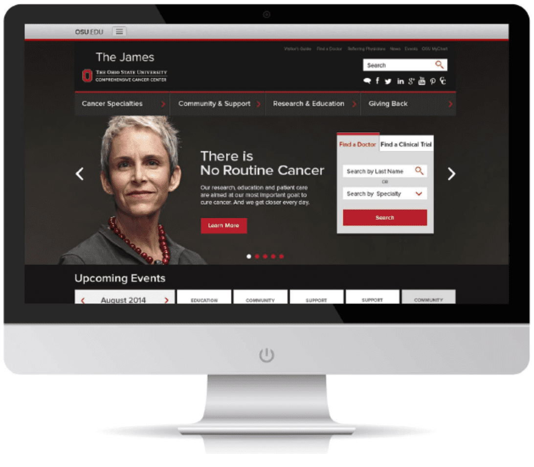 OSU James Cancer Center homepage hero with a woman’s portrait and the 'There is No Routine Cancer' message with a Learn More button. | Jerad Schutt | Nashville Marketing Consultant | Fractional CMO | Jerad Schutt | Nashville Marketing Consultant | Fractional CMO