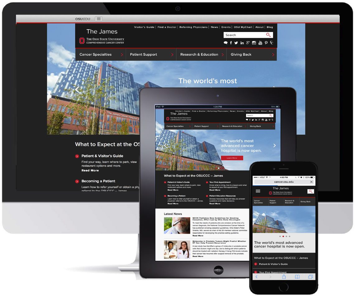 Responsive mockup of The James OSU cancer center site shown on desktop, tablet, and mobile screens. | Jerad Schutt | Nashville Marketing Consultant | Fractional CMO | Jerad Schutt | Nashville Marketing Consultant | Fractional CMO