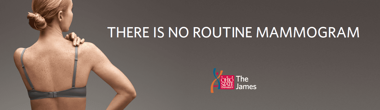 Back view of a woman wearing a gray bra; slogan reads “There is no routine mammogram” with The James logo nearby, promoting awareness. | Jerad Schutt | Nashville Marketing Consultant | Fractional CMO | Jerad Schutt | Nashville Marketing Consultant | Fractional CMO