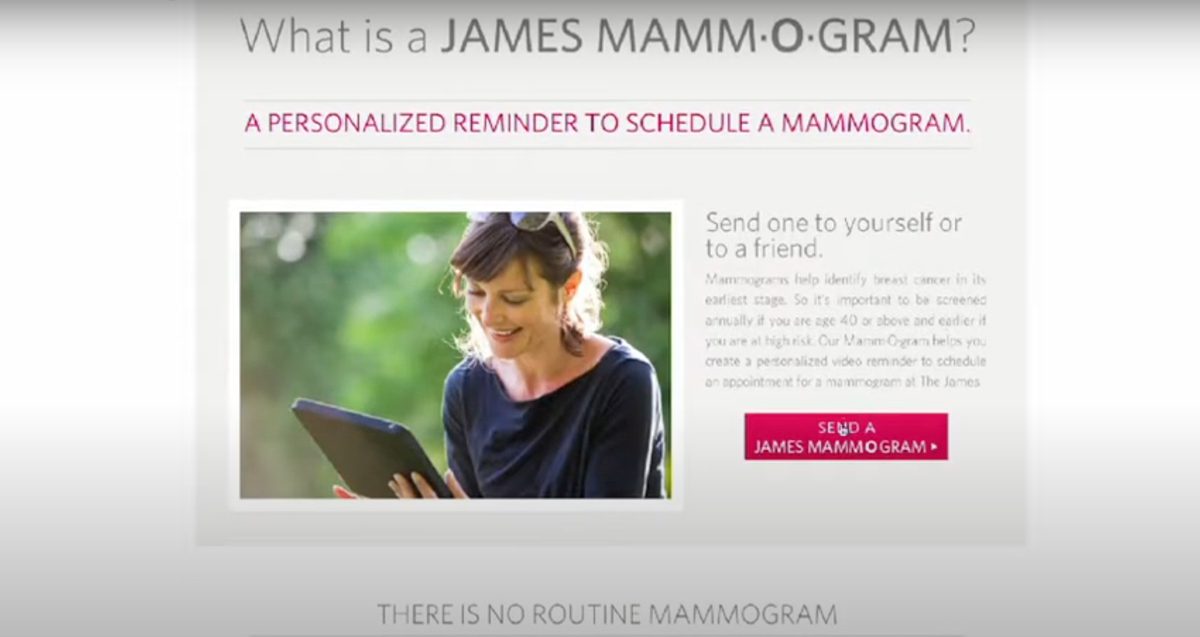 Web page about James MAMMOGRAM with a woman using a tablet on the left and a pink 'Send a James Mammogram' button on the right. | Jerad Schutt | Nashville Marketing Consultant | Fractional CMO | Jerad Schutt | Nashville Marketing Consultant | Fractional CMO