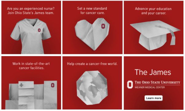 OSU nurse scrubs on a scarlet background; inviting experienced nurses to join The James team. | Jerad Schutt | Nashville Marketing Consultant | Fractional CMO | Jerad Schutt | Nashville Marketing Consultant | Fractional CMO