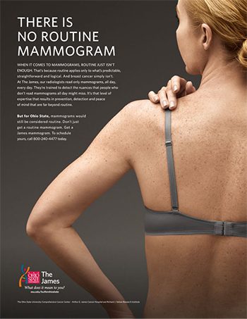 Poster with a woman seen from behind wearing a gray bra, text on left reads 'There is no routine mammogram' promoting breast cancer screening awareness. | Jerad Schutt | Nashville Marketing Consultant | Fractional CMO | Jerad Schutt | Nashville Marketing Consultant | Fractional CMO