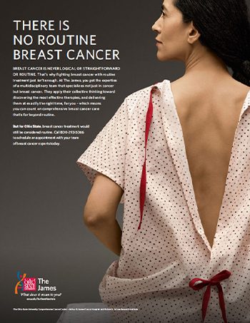Awareness poster showing a woman in a backless gown facing right, with bold text: ‘There is no routine breast cancer’ and a charity logo at the bottom. | Jerad Schutt | Nashville Marketing Consultant | Fractional CMO | Jerad Schutt | Nashville Marketing Consultant | Fractional CMO