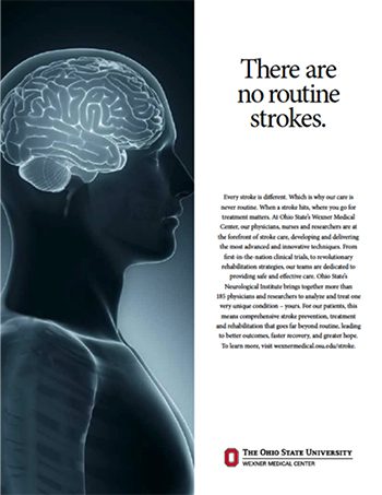 Informational poster about strokes; left shows a blue brain silhouette, right shows the heading 'There are no routine strokes' and the Ohio State University Wexner Medical Center logo. | Jerad Schutt | Nashville Marketing Consultant | Fractional CMO | Jerad Schutt | Nashville Marketing Consultant | Fractional CMO