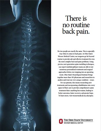 Spine X-ray image on the left and an ad message on the right: "There is no routine back pain" with Ohio State University Wexner Medical Center branding. | Jerad Schutt | Nashville Marketing Consultant | Fractional CMO | Jerad Schutt | Nashville Marketing Consultant | Fractional CMO
