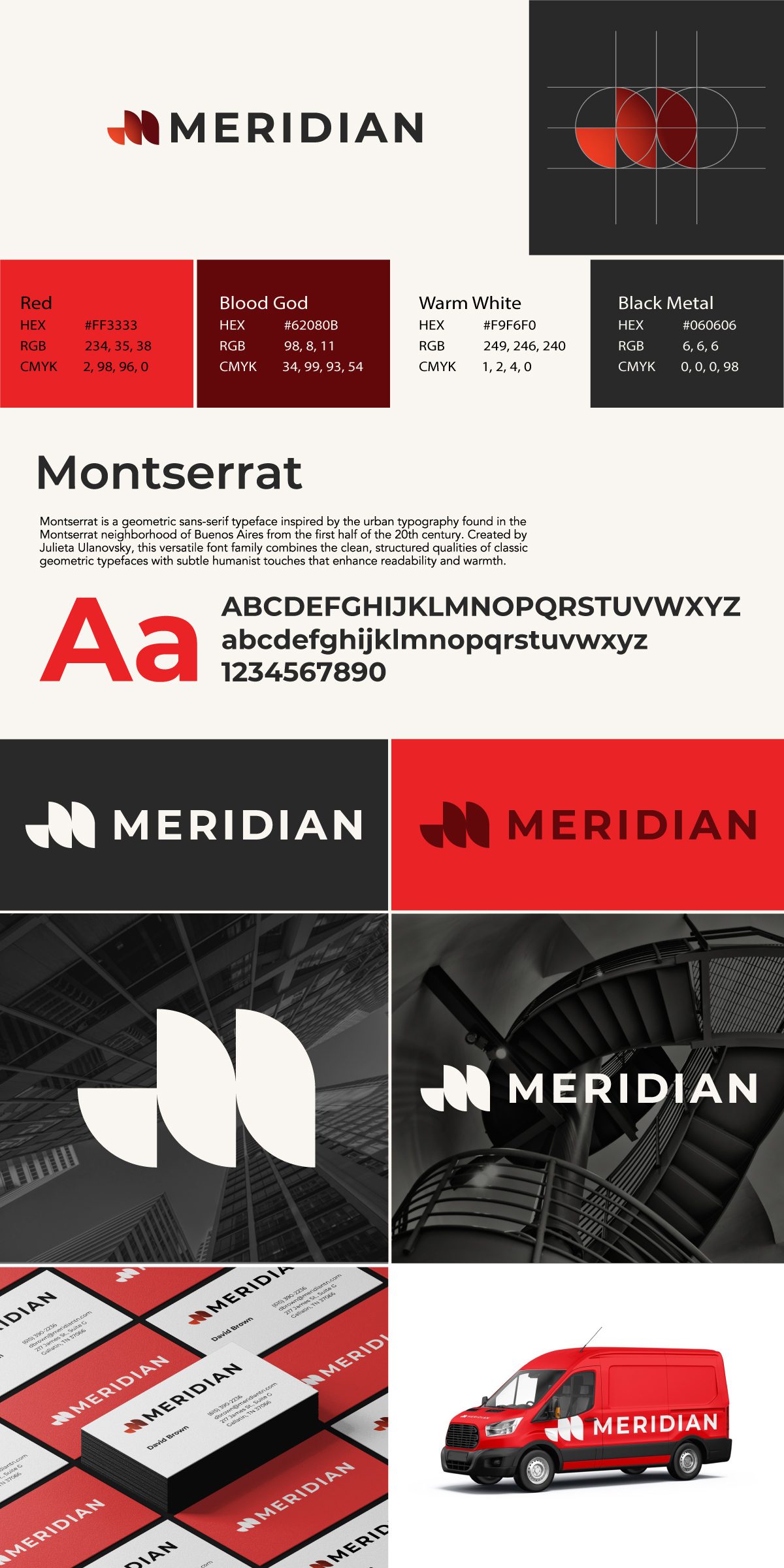 Collage showcasing Meridian Group branding: logo, color swatches, typography, business cards, and vehicle livery images in red, black, and white tones (brand identity). | Jerad Schutt | Nashville Marketing Consultant | Fractional CMO | Jerad Schutt | Nashville Marketing Consultant | Fractional CMO