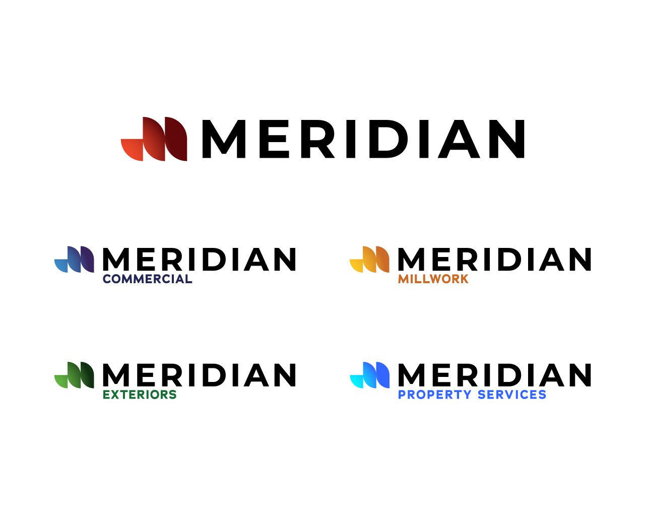 Meridian logo family in various color schemes for different divisions (Commercial, Millwork, Exteriors, Property Services). | Jerad Schutt | Nashville Marketing Consultant | Fractional CMO | Jerad Schutt | Nashville Marketing Consultant | Fractional CMO